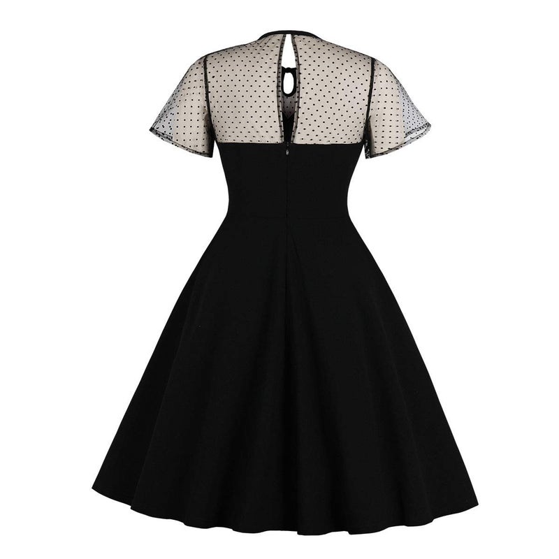 IWEMEK Women's Vintage Illusion Polka Dot Embroidery Keyhole Tie 1950s A-line Cocktail Dress 50s 60s Retro Summer Evening Party Wedding Formal Prom Dance Swing Dresses Black Large - Image 2